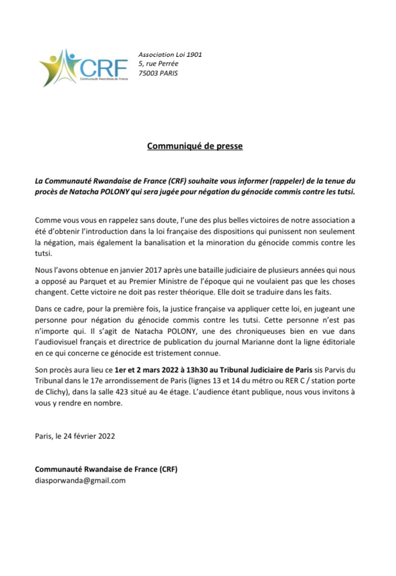 La_CRFrance's tweet image. ⚖️ @NPolony sera jugée pour négation du génocide commis contre les tutsi le 1er et 2 mars 2022 au tribunal de Paris 

L’audience étant publique nous invitons à vous y rendre en nombre.