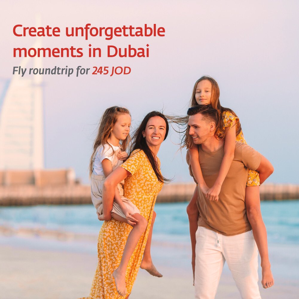 RoyalJordanian's tweet photo. Fly roundtrip to Dubai for only 245 JD and create unforgettable moments with RJ.
Sales Validity: Until March 5, 2022
Travel Validity: February 17 – April 26, 2022
#RoyalJordanian #RJ #FlyRJ https://t.co/Cij0Xcb3ru