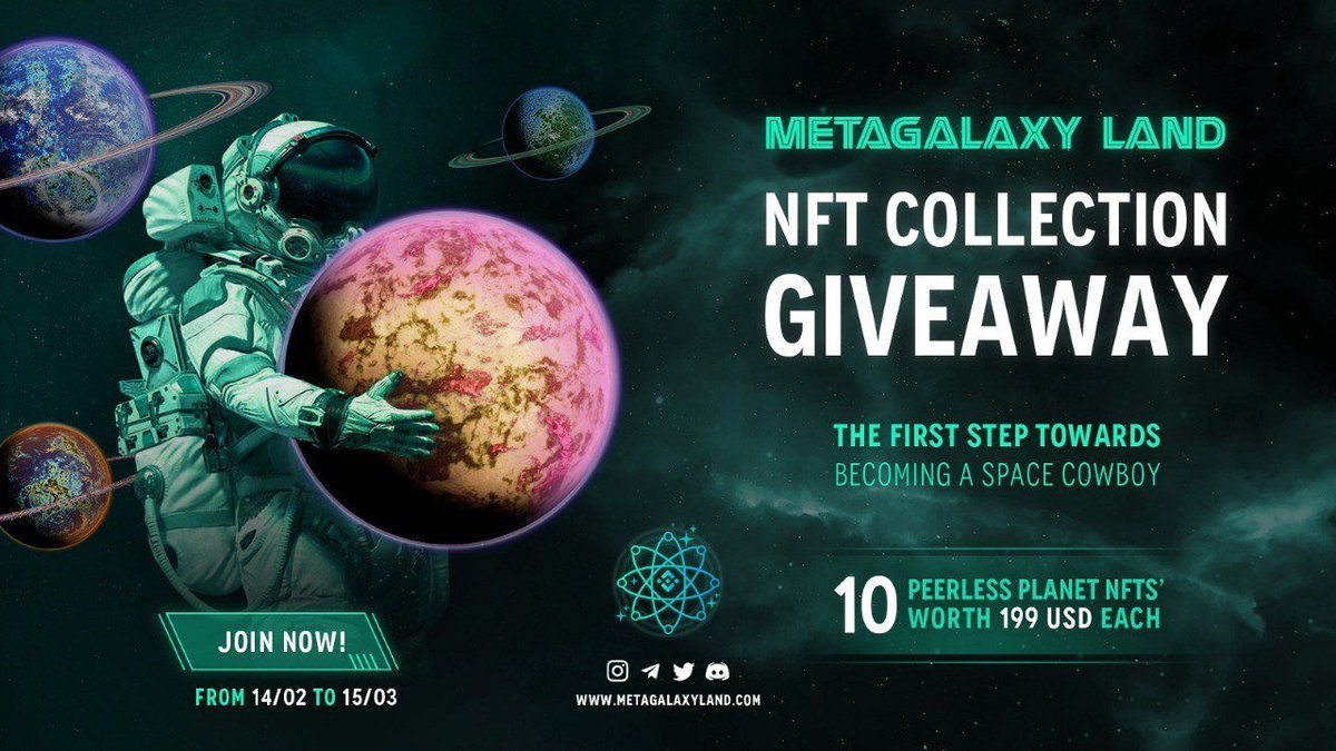 🚀 Airdrop: Metagalaxy NFTs
💰 Value: 5 NFT's worth $199 $BUSD
👥 Referral: +10 Points
📅 End Date: 15th March, 2022
🏦 Distribution Date: 16th March, 2022

Go to the Airdrop page 
gleam.io/8uxMJ/first-gi…

#Airdrop #Airdrops #Crypto