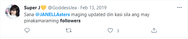 JanellaReigns's tweet photo. Eto ang OFFICIAL fans club ni Janella. May point ba na kinokek nila si Jea sa mukang to?? Ibang soild fans na mismo ni Janella ang nagsabi na inactive sila. Pag may important ganap si Jea, rare magpa Twitter party, pero pag para sa mga walang kakwenta kwentang bagay nagpapa TP! https://t.co/HrfettElKy