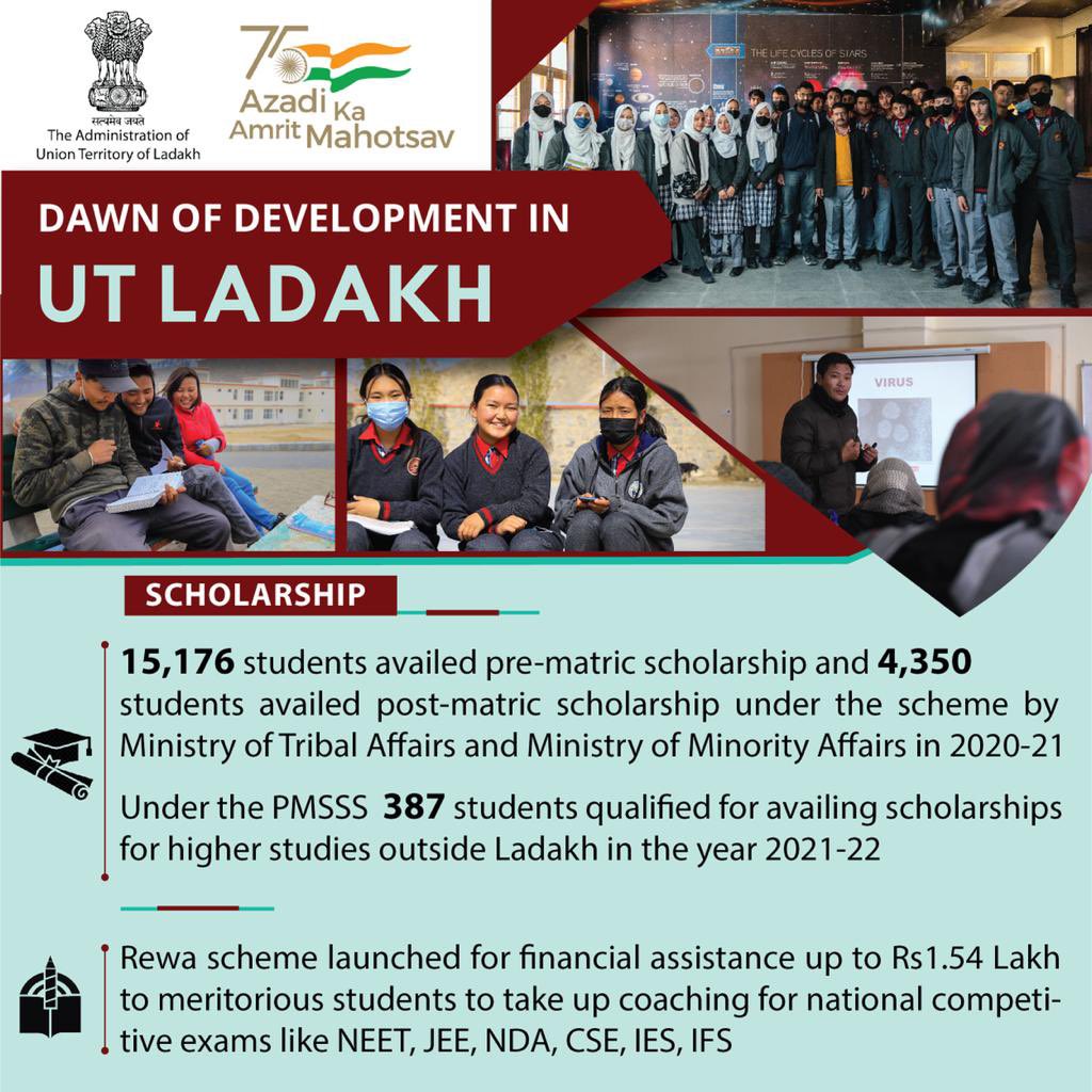 DIPR_Leh's tweet photo. UT Administration’s achievement in providing #scholarships to students for pre-matric, post-matric and higher studies by Ministry of #Minority and Tribal Affairs and PMSSS along with launch of REWA Scheme. 
#leh #ladakh #utladakh #scholarship #diprleh #rewascheme @lg_ladakh https://t.co/ntFkR2p7Du