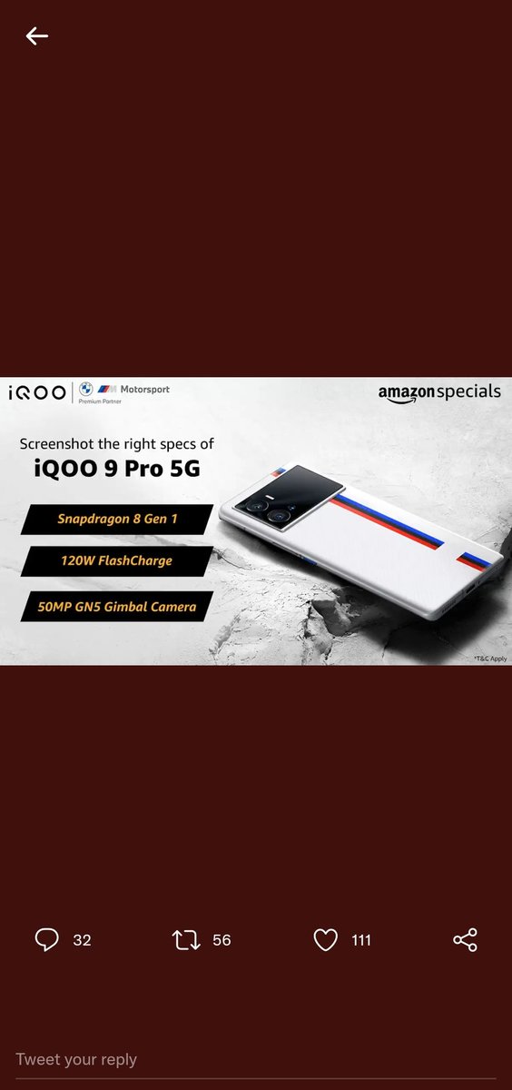 Geetakhatarkar1's tweet photo. @amazonIN Snapdragon 8 Gen 1
120W FlashCharge
50MP GN5 Gimbal Camera.

#iQOO9Pro5GOnAmazon https://t.co/DvkkZgsoLu