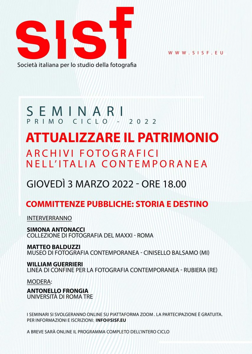 LdConfine's tweet photo. Giovedì 3 marzo ore 18
Seminario online
Attualizzare il patrimonio
@SISF_fotografia 

info@sisf.eu per informazioni e iscrizioni https://t.co/OpFhcM8ns9