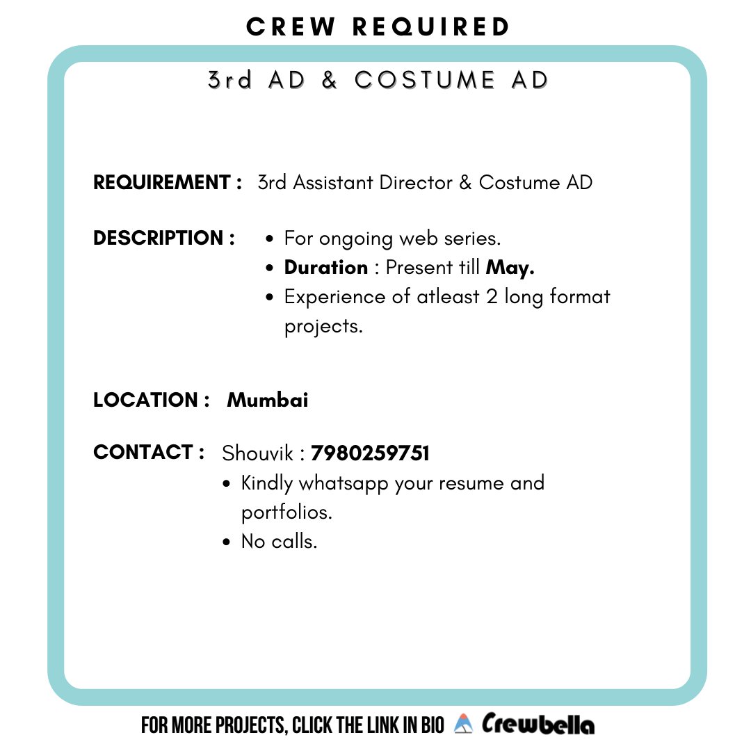 CrewBella1's tweet photo. Industry Opportunity - 3rd AD &amp; COSTUME AD

Hire your favourite crew through our platform with secured digital contracts which ensures monetary security.

For more projects, visit our platform.
https://t.co/Y4lv7nz9ad

#assistantdirector #costumedesigner #mumbai https://t.co/x17ylRdg1q