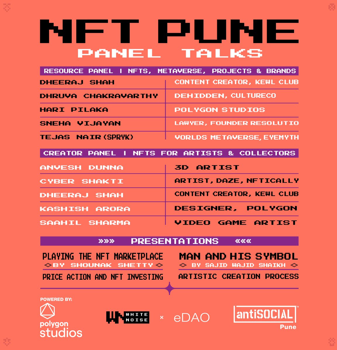 whitenoise_nft's tweet photo. Presenting our fabulous panelists for the 1st editon of the #NFTPune meet-up

In collab with @eDAO_Official
Powered by @polygonstudios

We begin 4 onwards, this Sunday
𝙄𝙛 𝙮𝙤𝙪 𝙝𝙖𝙫𝙚𝙣'𝙩 𝙮𝙚𝙩❟ 𝙝𝙞𝙩 𝙩𝙝𝙚 𝙧𝙚𝙜𝙞𝙨𝙩𝙧𝙖𝙩𝙞𝙤𝙣 𝙡𝙞𝙣𝙠 | https://t.co/Ih2Bw7AFFe https://t.co/Uv8ot0TwoA