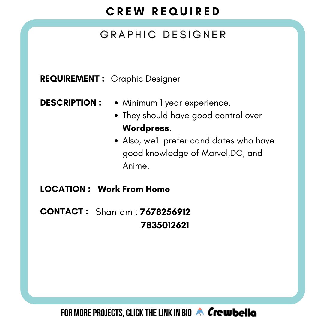 CrewBella1's tweet photo. Industry Opportunity - GRAPHIC DESIGNER

Hire your favourite crew through our platform with secured digital contracts which ensures monetary security.

For more projects, visit our platform.
https://t.co/Y4lv7nhxLD

#graphicdesigner #workfromhome https://t.co/dh7zUZ8kTH