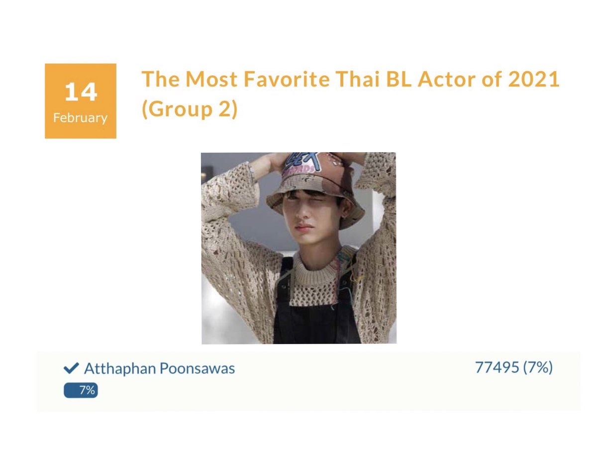 The Most Favorite Thai BL Actor of 2021 (Group2) เบบี๋ไปโหวตให้ @AtthaphanP กันเยอะๆน้า🤗 📍 bit.ly/3Ij47RR ▪️ผู้ที่มีผลโหวตมากที่สุดจะได้รับรางวัล “นักแสดง BL ที่ชื่นชอบมากที่สุดแห่งปี 2021” — กลุ่มที่ 2 ▪️โหวตได้ถึง 14/3/65 เวลา 15.00 น. ▪️โหวตได้ไม่จำกัดจำนวนครั้ง