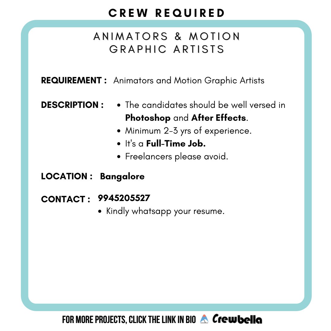 CrewBella1's tweet photo. Industry Opportunity - ANIMATORS AND MOTION GRAPHIC ARTISTS

Hire your favourite crew through our platform with secured digital contracts which ensures monetary security.

For more projects, visit our platform.
https://t.co/Y4lv7nz9ad

#animation #motiongraphics #bangalore https://t.co/ZonZ5Yxanc