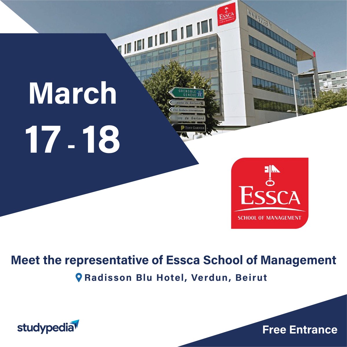Meet with representatives from <a href="/ESSCA_Ecole/">ESSCA</a> at our education fair on March 17th &amp; 18th at Radisson Blu Hotel in Verdun, Beirut. Learn about the School of Management with campuses in Paris, Lyon, Budapest, Shanghai &amp; more. 

Free entrance. Register now 
studypedia.com/events/