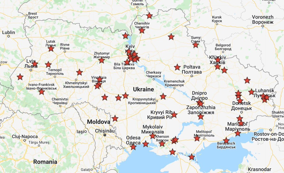 KazmiWajahat's tweet image. Russian ground forces have crossed into Ukraine now. Meanwhile, the red stars on the map show Russian attacks all across Ukraine.