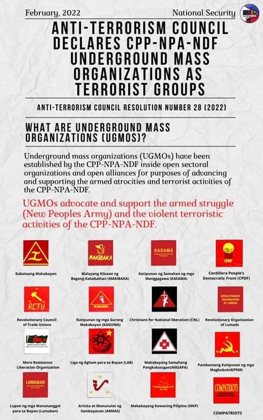AlfredoGenom's tweet photo. Some people keep talking about a "revolution" that happened on a major highway, when an actual armed communist revolution continues to seep through our society, spilling the blood of innocents along the way.

Membership in these CPP-NPA fronts is now a crime. https://t.co/mwMlVjAlof