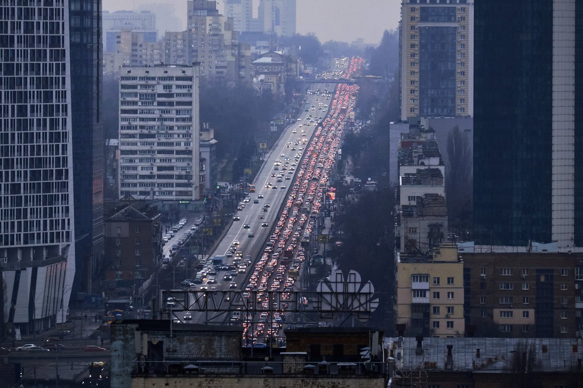 Long lines of cars in Kyiv heading out of the Ukrainian capital. Imagine the situation if you are one amongst them.