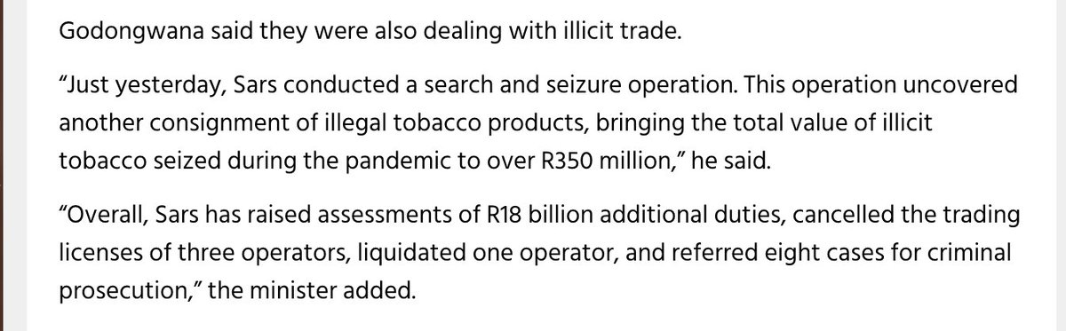 TaxJustice_SA's tweet image. Minister Godongwana told @ParliamentofRSA that @sarstax is tackling SA&apos;s rampant illicit tobacco trade. They&apos;ve cancelled the licences of 3 rogue operators and liquidated another.
The criminals looting our nation should be named and shamed. Who are they @edkieswetter @fita_sa?