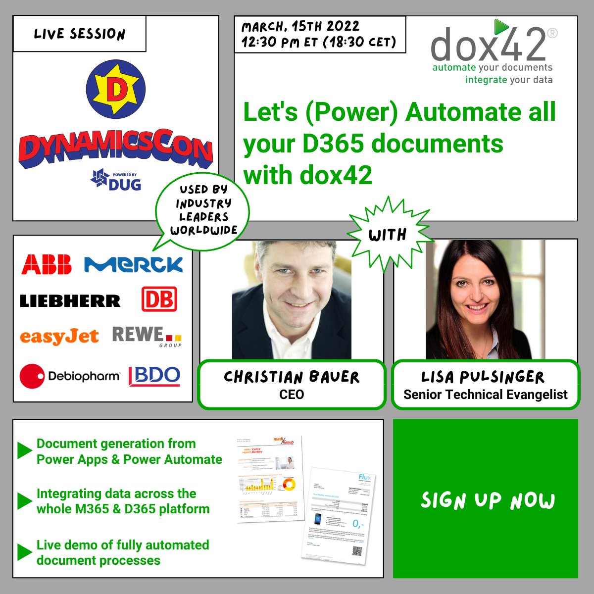 dox42's tweet photo. Yay! #DynamicsCon coming up!

On March 15, @lisa_pulsinger and @ChristianB42 will show you how to (Power) Automate all your D365 documents with #dox42 ✅

Register now!👇
https://t.co/wbJlavRrPH
@Dynconference #PowerPlatform #Dynamics365 #Dyn365BC #Dyn365CE #Dyn365F0 https://t.co/I7bAVbIdnN