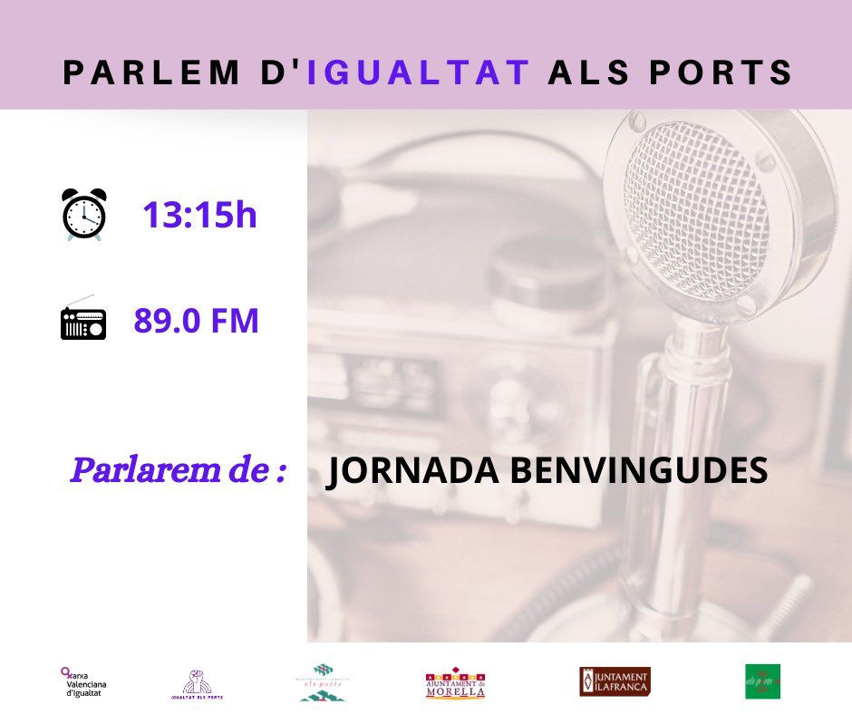 📻 RÀDIO EN IGUALTAT: JORNADA BENVINGUDES

🙋‍♀️🌞 Bon dia, avui en el programa “Parlem d’Igualtat als Ports” parlarem de la “Jornada Benvingudes” que és realitzarà el dijous 3 de març a #Forcall. 

💜👇🏻Enllaç per a realitzar la inscripció a la jornada: forms.gle/b1L6NVYFqxZFCB…
