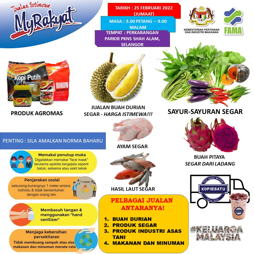 FAMA_DPetaling's tweet photo. Jom2..mai ramai2 kunjungi program jualan MyRakyat..Macam2 ada..bawa keluarga, kawan2, sedara2 semua.
-25 Feb 2022
-3.00 ptg - 9.00 mlm
-Perkarangan Parkir Kompleks PKNS Shah Alam https://t.co/392KUnEjOb