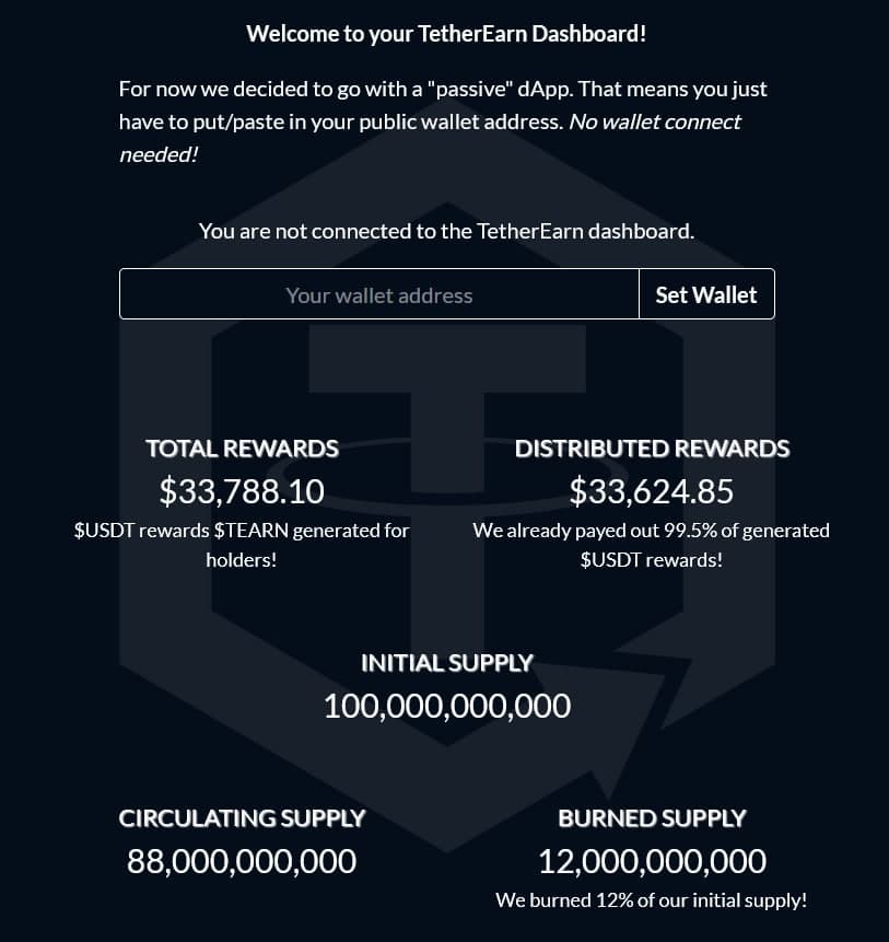 TetherEarn's tweet image. We are pleased to announce the launch of our first dApp! Check out our dashboard at app.tetherearn.com - #TetherEarn #CRO #Cronos #crosschain #crofam #TETHER  #cronosnetwork #ElonMusk #Rewards $TEARN $USDT