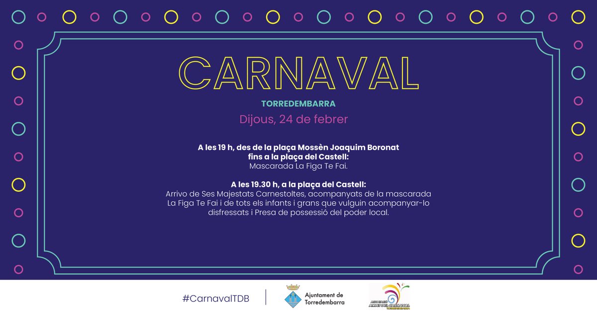 #Bondia #Torredembarra| Ganes de #CarnavalTdb? Ha arribat el dia 🎊🎉 ‼️ Avui és Dijous Gras ‼️

Us esperem aquesta tarda a la Mascarada #LaFigaTeFai i l’Arrivo de Ses Majestats Carnestoltes i amb tots els infants i grans que vulguin acompanyar-los disfressats 👇🏻