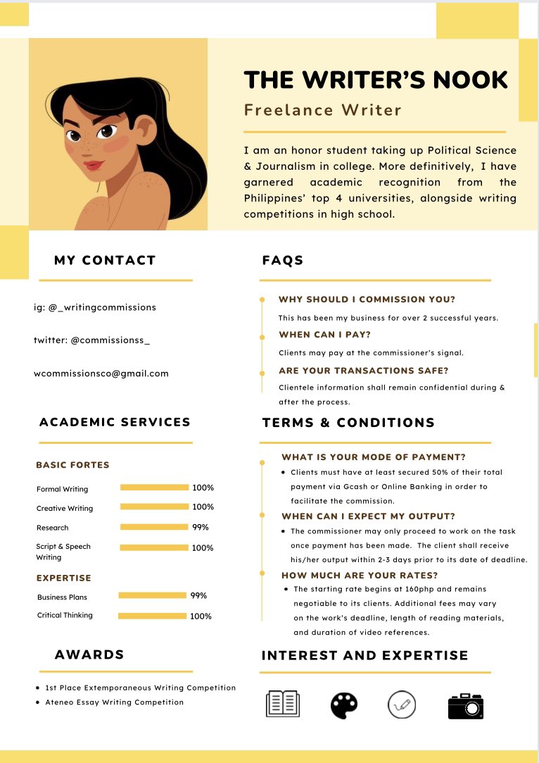 commissionss_'s tweet photo. rebranded ~ 💛 

⁽ ¨̮⁾⁽¨̮ ⁾*˚‧♡ hey there! this is the writer’s nook, and I offer professional academic services to clients at a five-rate standard. 

— tap on the hashtag for clientele reviews #commfeedbackbylu 🌼 https://t.co/frI3pnpdFo