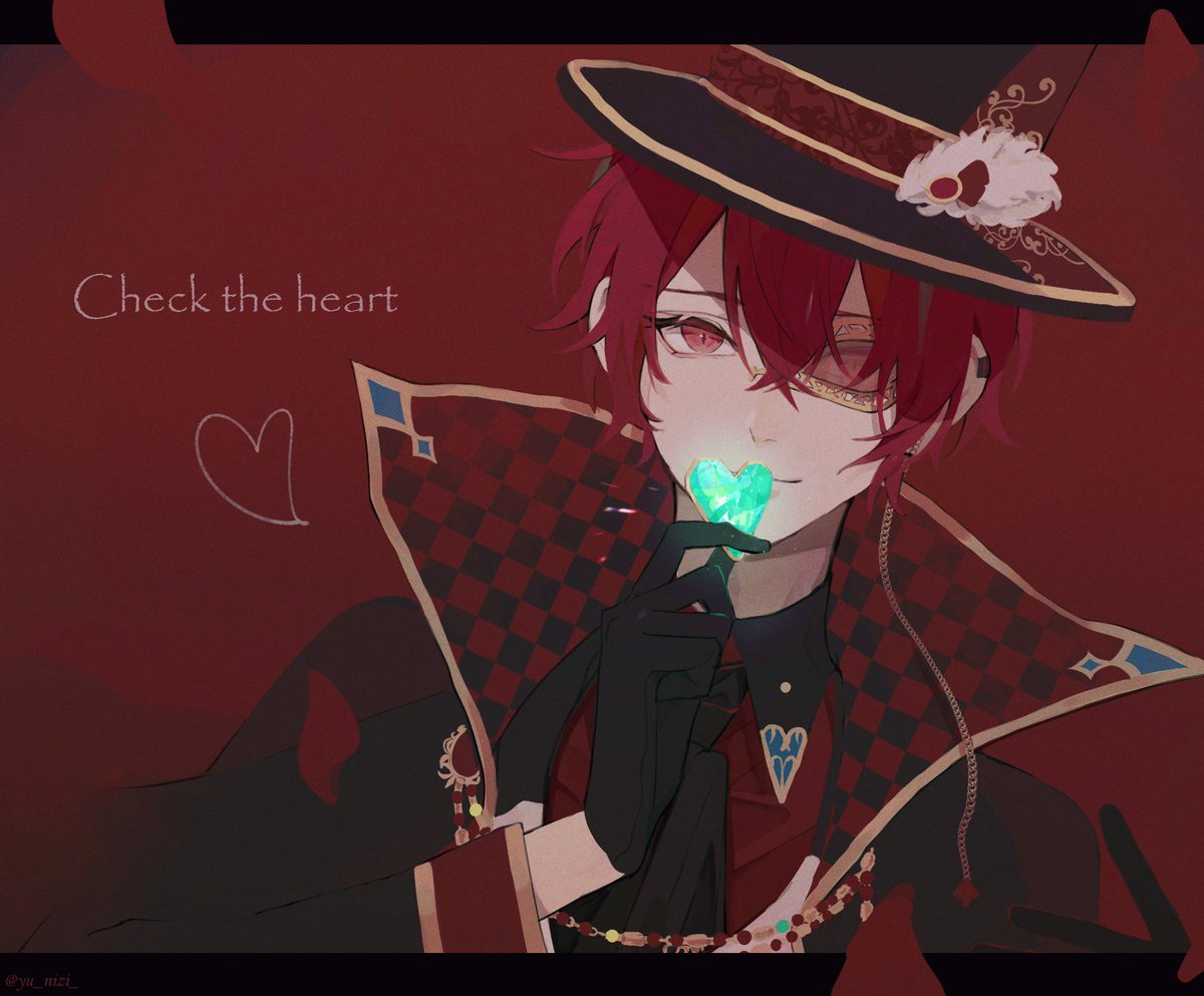 1boy male focus red hair gloves hat solo heart  illustration images