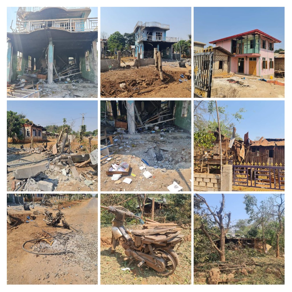 miN13700's tweet photo. The military junta has been using fighter jets to attack Pekhon tsp at least 7 times since 11am today during the ongoing clashes between junta troops &amp; Karenni joint forces, causing extensive damage to civilians' houses
#NoFlyZoneInMyanmar
#2022Feb24Coup 
#WhatsHappeningInMyanmar https://t.co/LwdiaQu26m