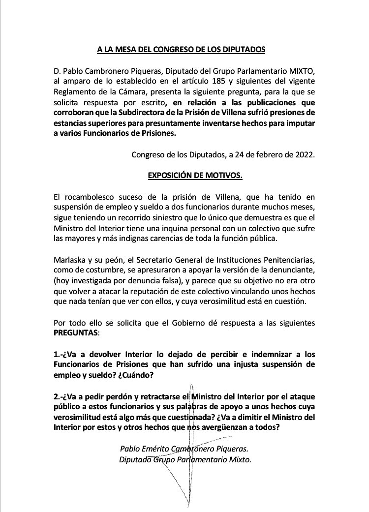PabloCamPiq's tweet photo. 🔴Me lo piden los miembros más maltratados de la Función Pública.

Marlaska odia a los Funcionarios de Prisiones, es así.

Pregunto si va a dimitir Marlaska y el SGIP por haber “defendido” imputaciones presuntamente falsas a personas inocentes y si les va a indemnizar y cuándo. https://t.co/JVgcpWJw2v