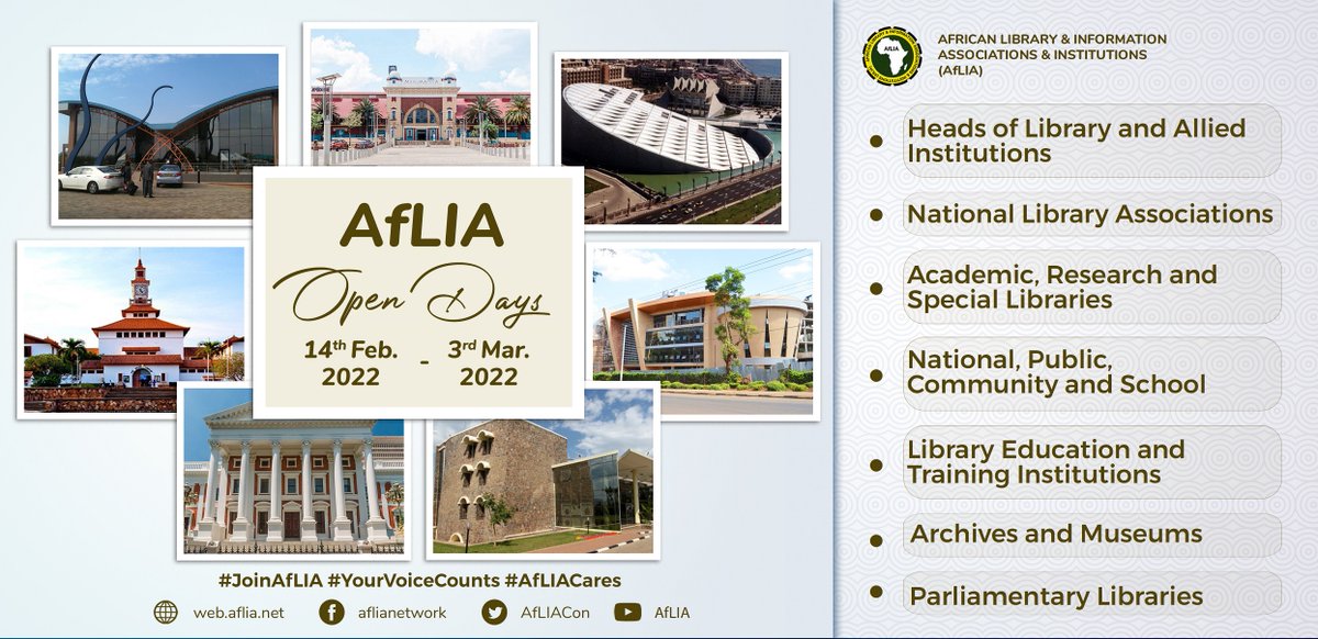 AfLIACon's tweet photo. Today, we welcome professionals in African Library Education and Training Institutions (#LibraryEducators) to AfLIA Open Days. Join us, let's interact, share ideas, and learn new things. English session @ 10am GMT French session @ 1pm GMT.
Registration - https://t.co/WYQmPNfzVd https://t.co/Qx8vkskNTn