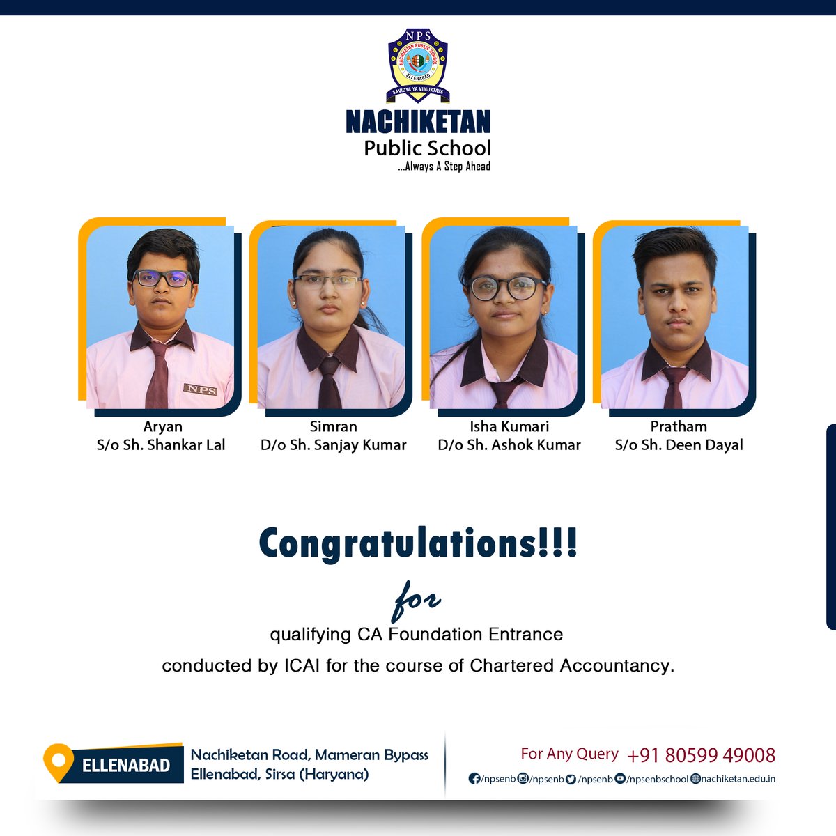 npsenb's tweet photo. Congratulations!!! for qualifying CA Foundation Entrance conducted by ICAI for the course of Chartered Accountancy.
#npsians #nps #nachiketan #ellenabad #icai #ca https://t.co/OGVLaYqnOL
