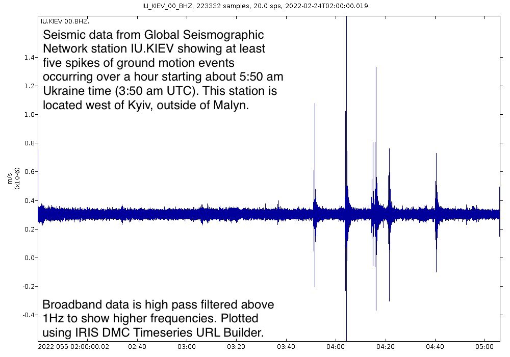 Wrapping my head around what is happening in Ukraine is proving difficult so I turned to seismic data for a wake up call. Ground motion data from GSN station IU.KIEV show early morning events. This hits home. I cannot imagine what people are going through over there right now.
