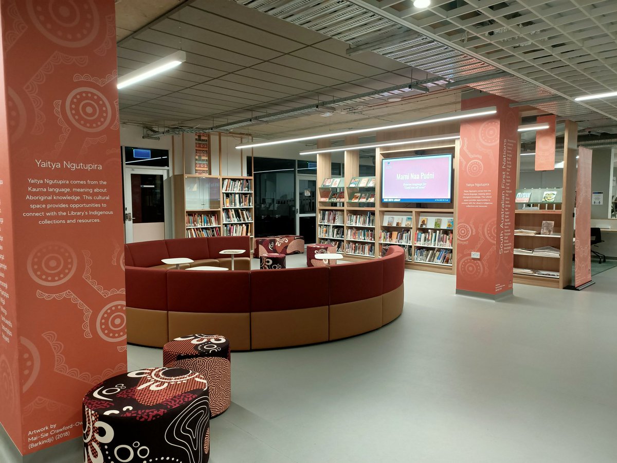 DeanneHolmes51's tweet photo. Loving our new furniture and pillar wraps in the Yaitya Ngutupira space, celebrating Aboriginal knowledge in the @uofalib. Thanks @ochredawn. https://t.co/ySqaGzTC63