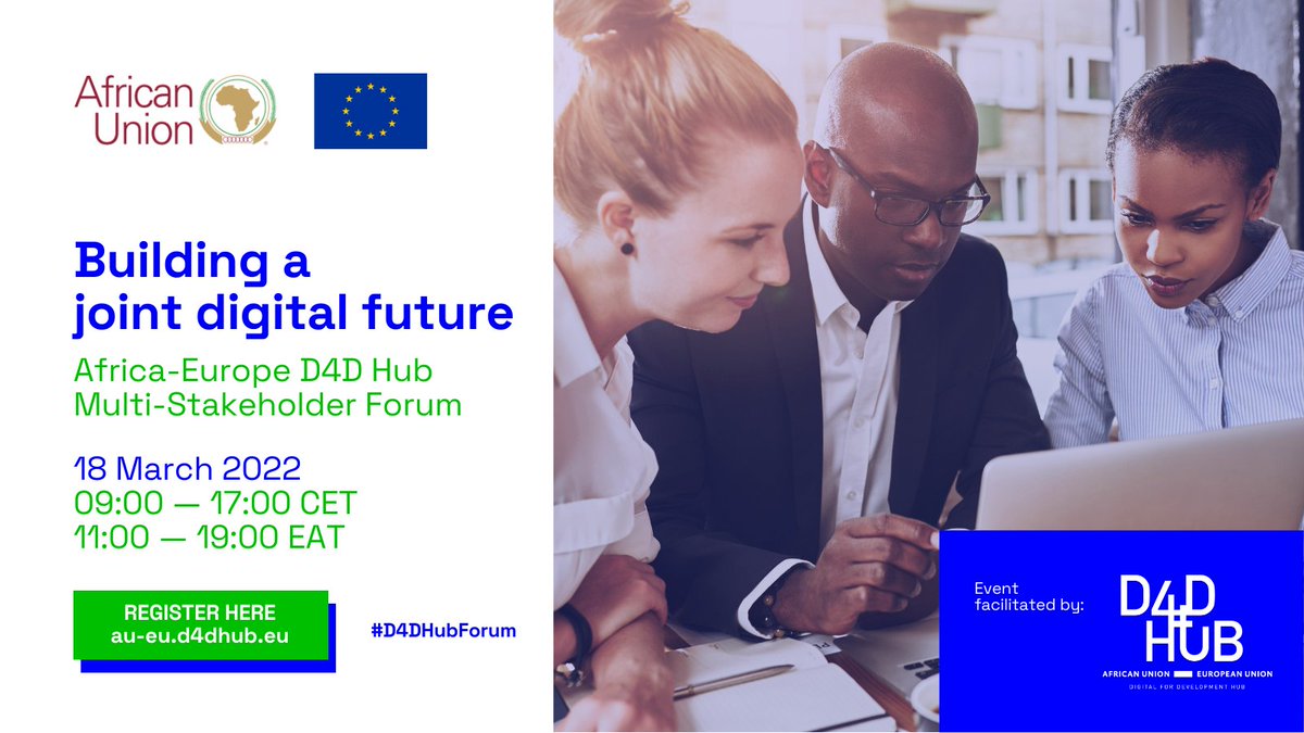 D4DHub_EU's tweet photo. New date announcement 📢 

The Africa-Europe #D4DHub Multi-Stakeholder Forum will take place on 18 March.

Join us to discuss new collaboration opportunities for the #AUEU digital partnership 💬

Register now: https://t.co/Y7QdcuDLnx

#D4DHubForum https://t.co/bAuuS4mtoD