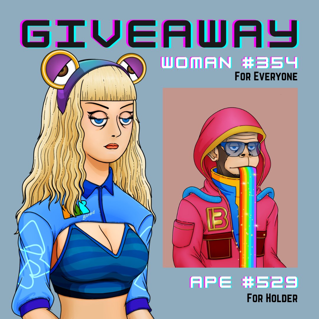 BarBored13's tweet photo. 🎁 BarBored Giveaway!🎁
👧🏻Woman #354 for Everyone
🦧Ape #529 for Holder

Rules to enter: 
💖 Follow @BarBored13 
💖 RT &amp; Like 
💖 Join Discord https://t.co/sxOwZjkLWN

⏰ Results in 24 hours! 🤟Good Luck 
#NFTs #NFTGiveaway #NFTCommunity #nearNFTs https://t.co/G8G4vBjEwJ