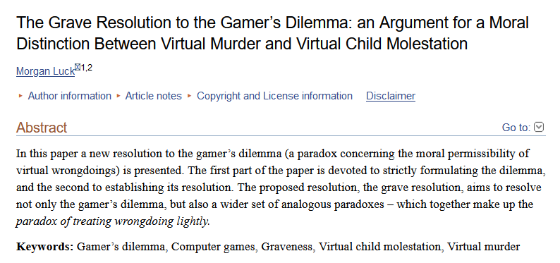 Neuro_Skeptic's tweet photo. Why is virtual murder (e.g. killing civilians in GTA) considered OK but virtual child abuse isn't? https://t.co/R7e6mHq8b1 I mean, virtual *child* murder isn't considered OK. There are no children wandering around in GTA or other such games for this reason. https://t.co/GjB3C2ITy0