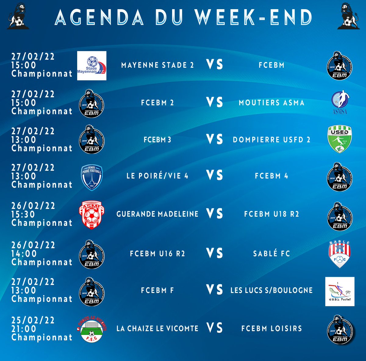 FCEBM_'s tweet photo. 🔵⚫️Voici l'Agenda Du Week-end pour nos équipes du FC Essarts Boulogne Merlatière !

📣📣On vous attend nombreux pour encourager nos équipes !

@LigueFootLFPL  

#FCEBM https://t.co/EGwDLaHs6l