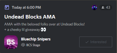 BluechipSnipers's tweet photo. We're having an AMA with the amazing folks over at @UndeadBlocks and we've also been blessed with a few whitelist spots to give back to the community!

Join us here!
 https://t.co/pNqIqniMuu https://t.co/IkCiHJvUiT