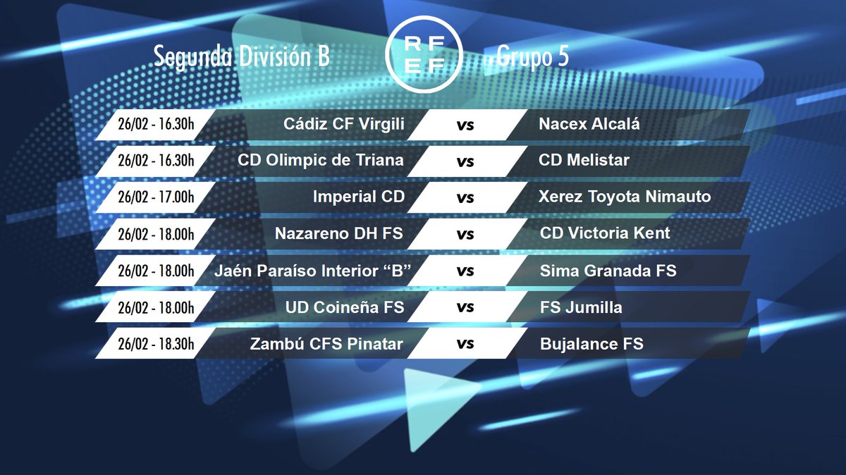 RFAF's tweet photo. 📆🕐HORARIOS🕐📆
✔️ #RetoIberdrola G. Sur 👉J18
🔗 https://t.co/5I4QOmySYk
✔️ #SegundaFSF G3 👉J16
🔗 https://t.co/ri3ay0xwOA
✔️ #SegundaFS 👉J25
🔗 https://t.co/GnDJ3vXJ47
✔️ #SegundaBFS G5 👉J22
🔗 https://t.co/8FrJQvWMmv https://t.co/1bBqdGMojI
