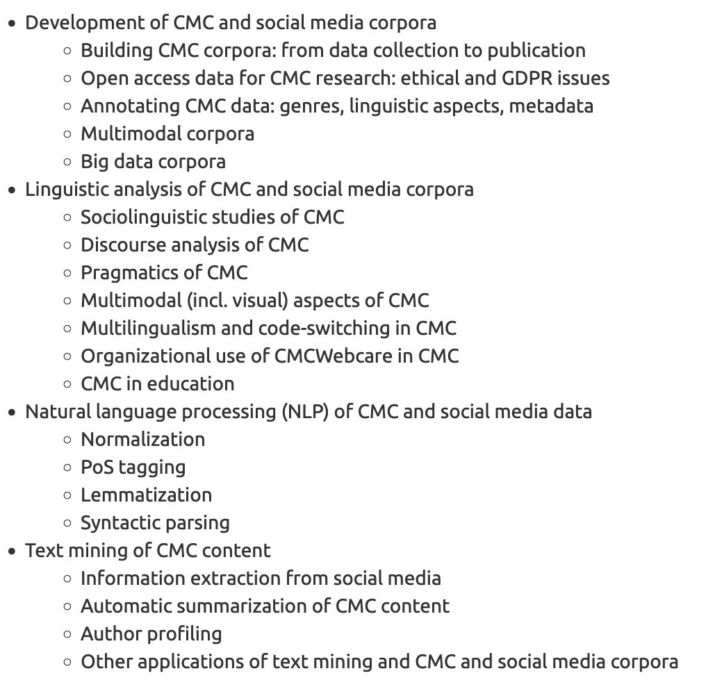 📣You can now send easychair.org/conferences/?c… your proposals for the 9th CMC and Social Media Corpora conference. #CMC2022_conf <a href="/CMC2022conf/">CMC2022_conf</a>
‼️ Deadline is 20 May 2022. 
📝 Here are the conference topics: