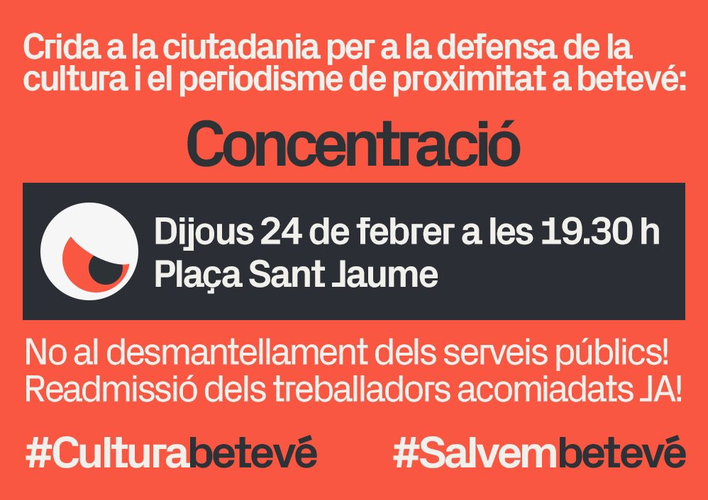 SomBTV's tweet photo. Aquest vespre tenim una cita a plaça Sant Jaume!
Per la defensa de la cultura i el periodisme de proximitat a @beteve 
#Salvembetevé
#Culturabetevé https://t.co/A3tGVil0Km