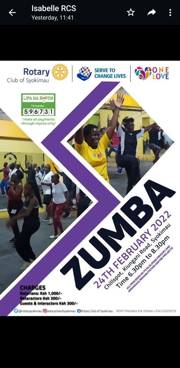 RotarySyokimau's tweet photo. All work without play makes us all dull. Join us today for zumba at 7pm at Chillspot along kiungani Road in Syokimau. 
Charges are kes 1,000 for rotarians, kes 300 for rotaractors and guests.
All proceeds go towards a kitchen project at Mwangaza Rehabilitation centre for boys. https://t.co/zsldCZYk8P