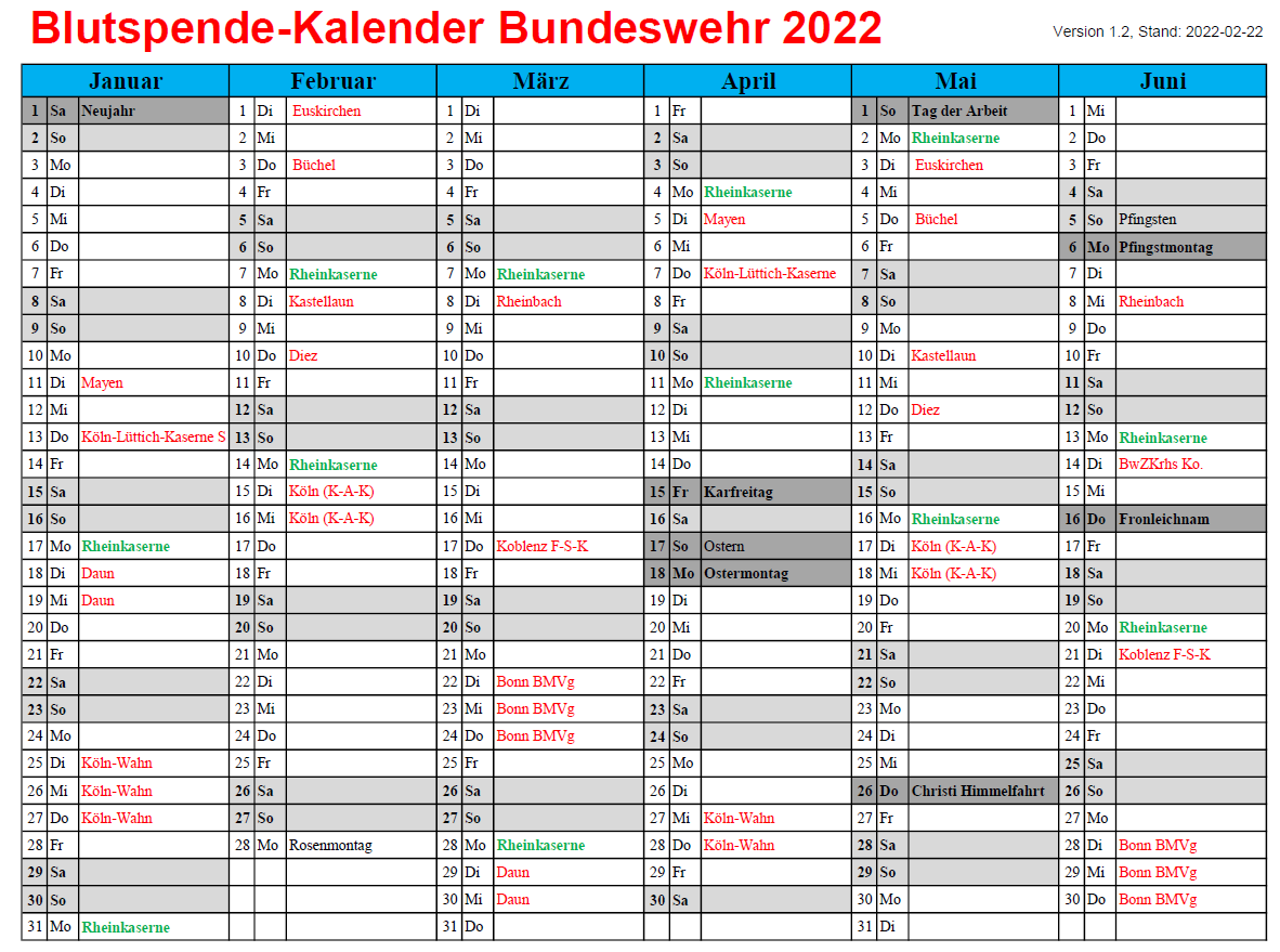 Tabelle mit Daten, wann im ersten Halbjahr 2022 beim Blutspendedienst der Bundeswehr wo Blut gespendet werden kann.