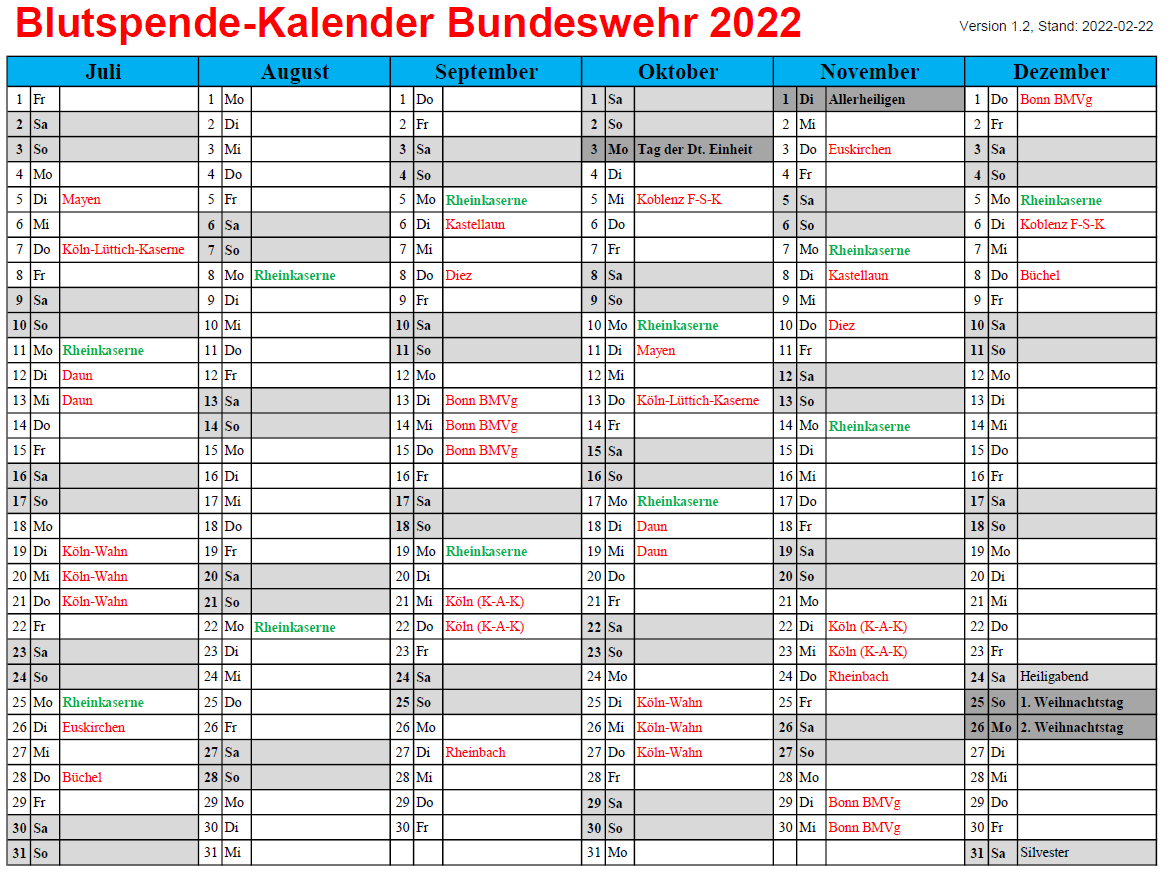 Tabelle mit Daten, wann im zweiten Halbjahr 2022 beim Blutspendedienst der Bundeswehr wo Blut gespendet werden kann.