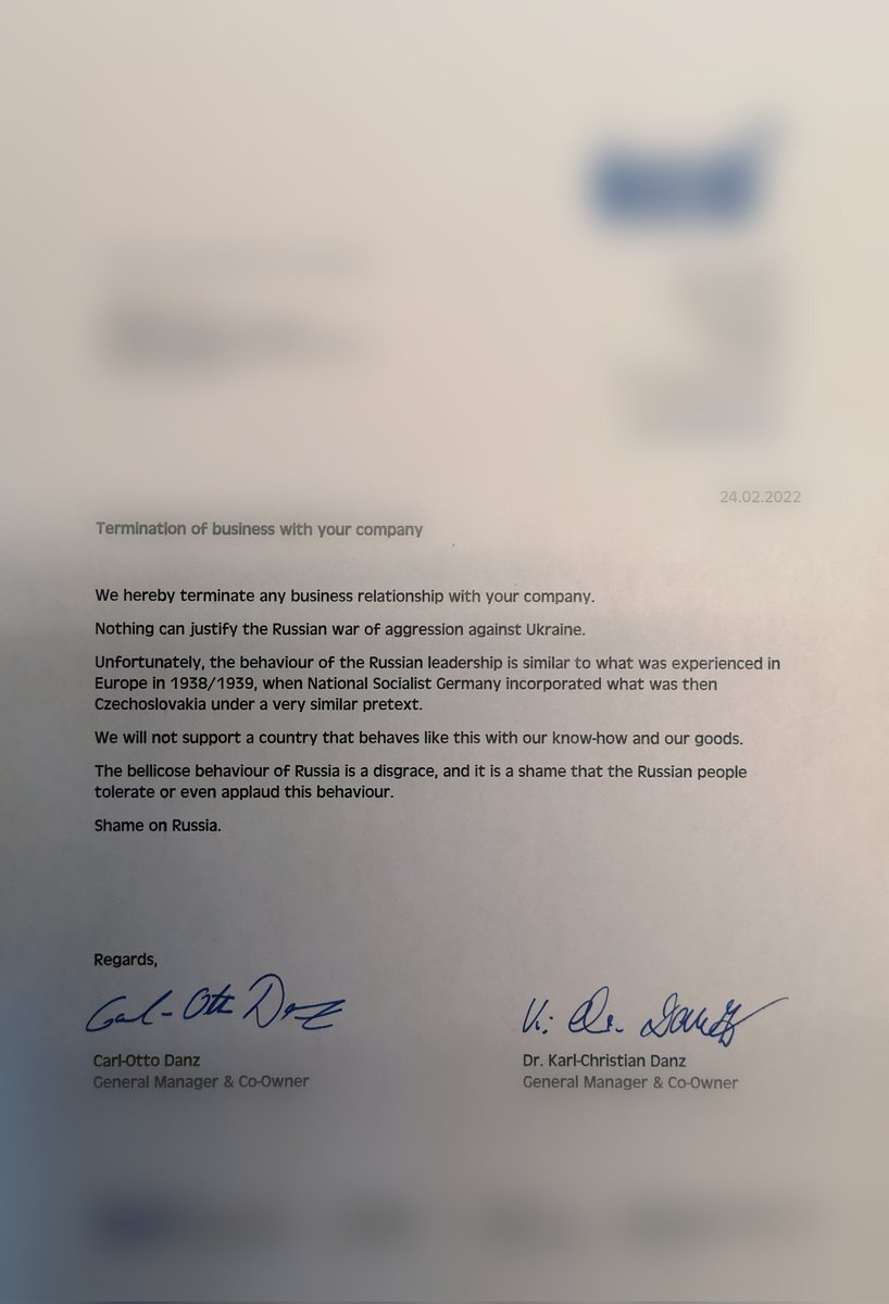 Wir haben heute Morgen sämtliche russ. Kundschaft auf Lieferstopp gesetzt und anhand dieses Anschreibens informiert. Ich würde mir wünschen, dass es uns andere Unternehmen gleich tun.

Wir brauchen nicht auf offiz. Sanktionen zu warten. 

#PutinsWar #Lieferstopp #Sanktionen