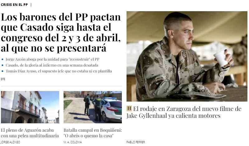 heraldoes's tweet image. Y además:

👉🏻Crisis en el #PP: los barones pactan que #Casado siga hasta el congreso del 2 y 3 de abril, al que no se presentará

📽️El rodaje en #Zaragoza del nuevo filme de Jake Gyllenhaal ya calienta motores

❗️Batalla campal en #Boquiñeni: "O abrís o quemo la casa"