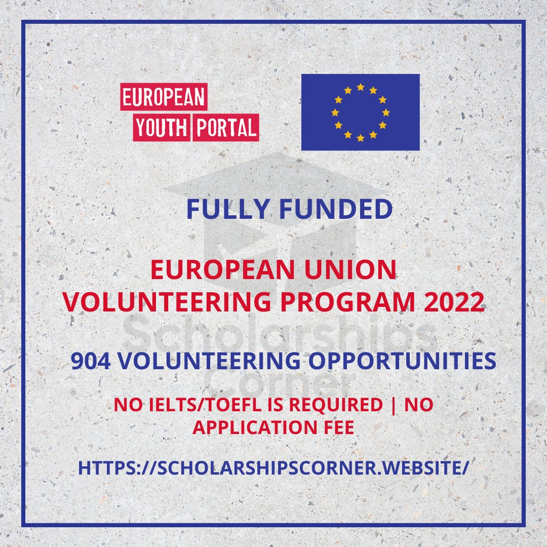 scholar_corner's tweet image. European Union Volunteering Program 2022 | Fully Funded

904 opportunities are currently open. | No IELTS/TOEFL Required

scholarshipscorner.website/european-union…

#ScholarshipsCorner #volunteering #volunteerprogram #EuropeanUnion #EUopportunities #volunteerwork #volunteerism #opportunities