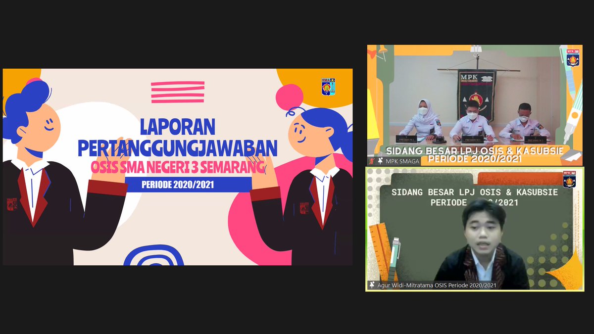 Selamat sore, Satria Ganesha!🐘

Pada hari ini telah dilaksanakan Sidang Besar LPJ OSIS &amp; Kasubsie Akhir Tahun Periode 2020/2021 melalui Zoom Meetings✨