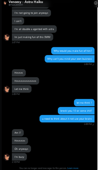 v8perx's tweet photo. @/HaikuMGMT IS A CRINGE 12 YEAR OLD SOCIAL MEDIA MANAGER LMAO

MF BLOCKS AT END HAHA DOWNBAD https://t.co/p6vPBrJJBn
