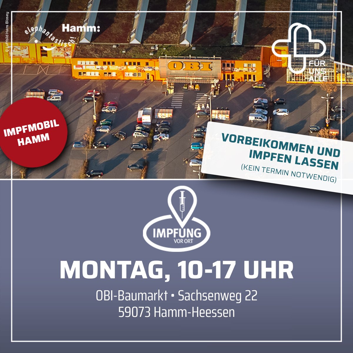 hamm_stadt's tweet photo. Zum vorerst letzten Mal hält das #Impfmobil morgen in #Heessen, bevor das Angebot zum Monatsende eingestellt wird. Auf dem Parkplatz des #OBI-Baumarkts könnt ihr euch zwischen 10 und 17 Uhr impfen lassen. 💉 Alle Infos zu weiteren Impf-Angeboten gibts auf: https://t.co/2zj4mpDUsC https://t.co/SNFOAV3BKn