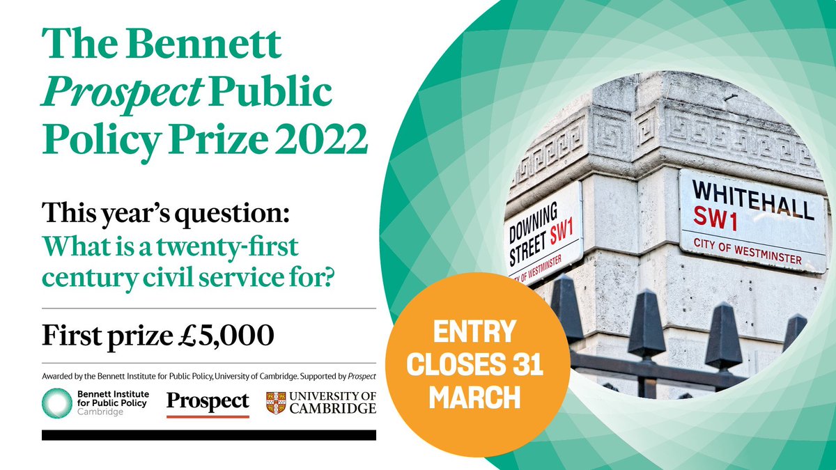 Early career researchers & early career policy professionals are invited to answer the question 

“What is a 21st century civil service for?” 

for a chance to win this year's #PublicPolicyPrize awarded by @BennettInst & @prospect_uk. 

Read more: bennettinstitute.cam.ac.uk/news/bennett-p…
