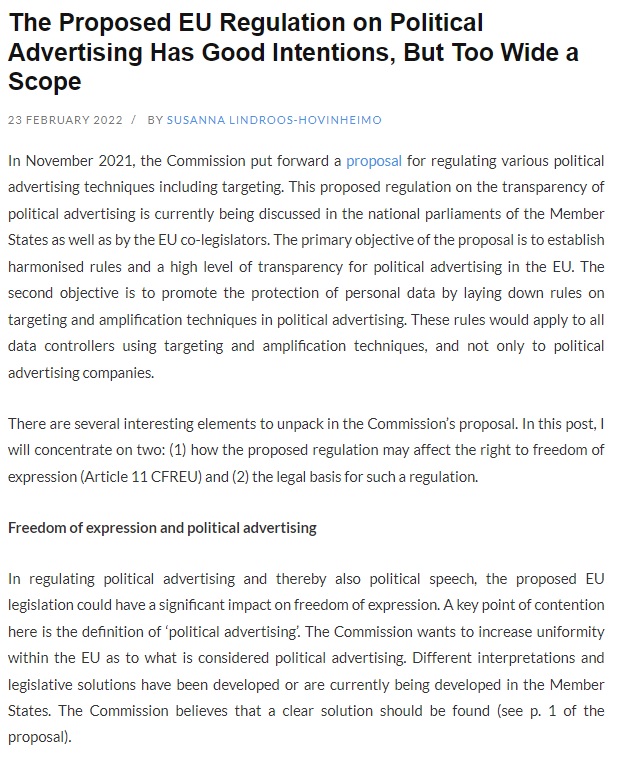 EuropeanLawBlog's tweet photo. Check out the newest post on the blog by Susanna Lindroos-Hovinheimo who examines the EU's proposal for a Regulation on #politicaladvertising and considers the Regulation's potential effect on the #righttofreedomofexpression.
Read more at: https://t.co/GKkjPXUQdR https://t.co/ii8TCq3rkg