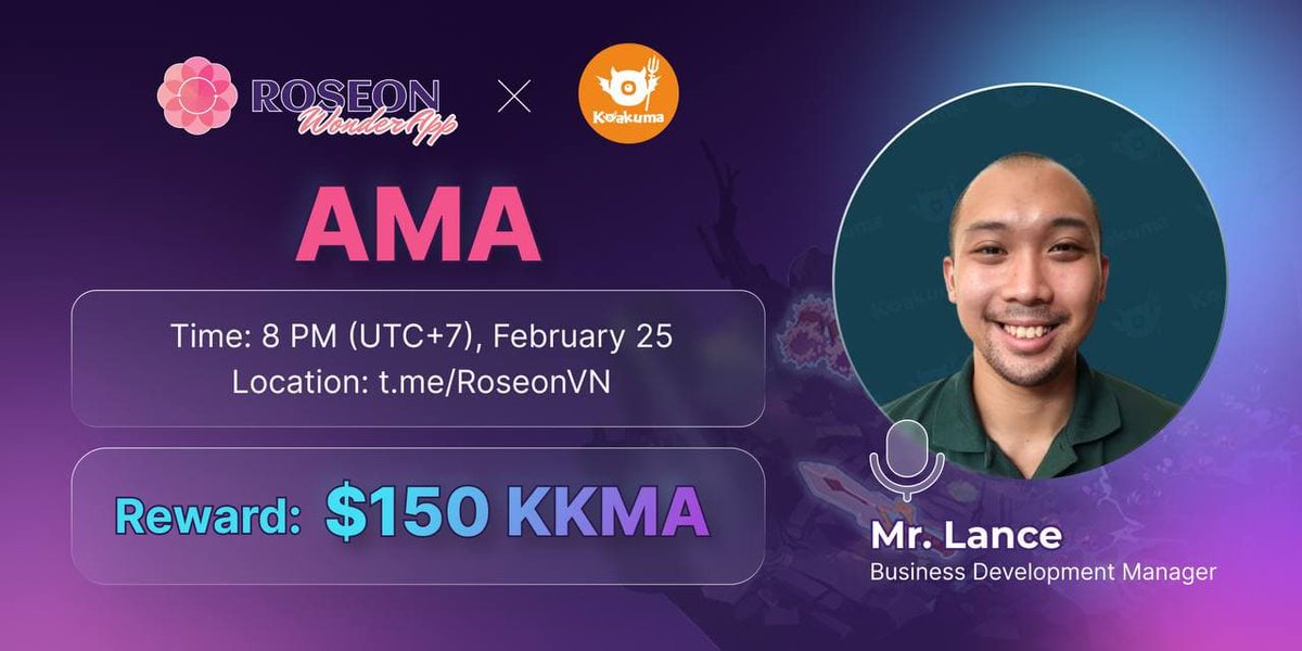 defiarena's tweet image. The upcoming #IAOs on #RoseonPad - @Koakuma_Game is visiting  $ROSN VN community for #AMA session with Mr. Lance (BDM)

📅: Feb 25th, 8 PM UTC+7
📍: t.me/RoseonVN

Drop your questions on @RoseonFinance  for a chance to share reward 💰
$KKMA #Koakuma #MMORPG #RPG #GameFi